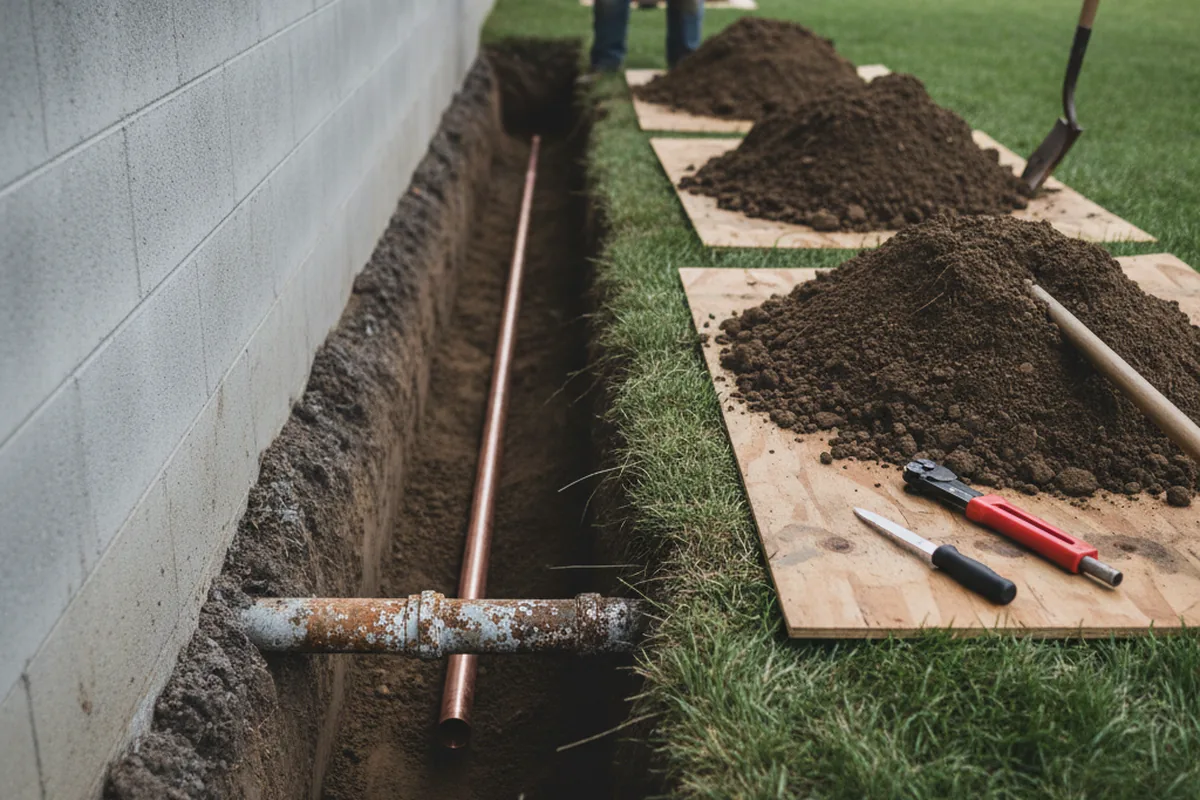 Excavated water line trench during Water Softener Installation in Killen